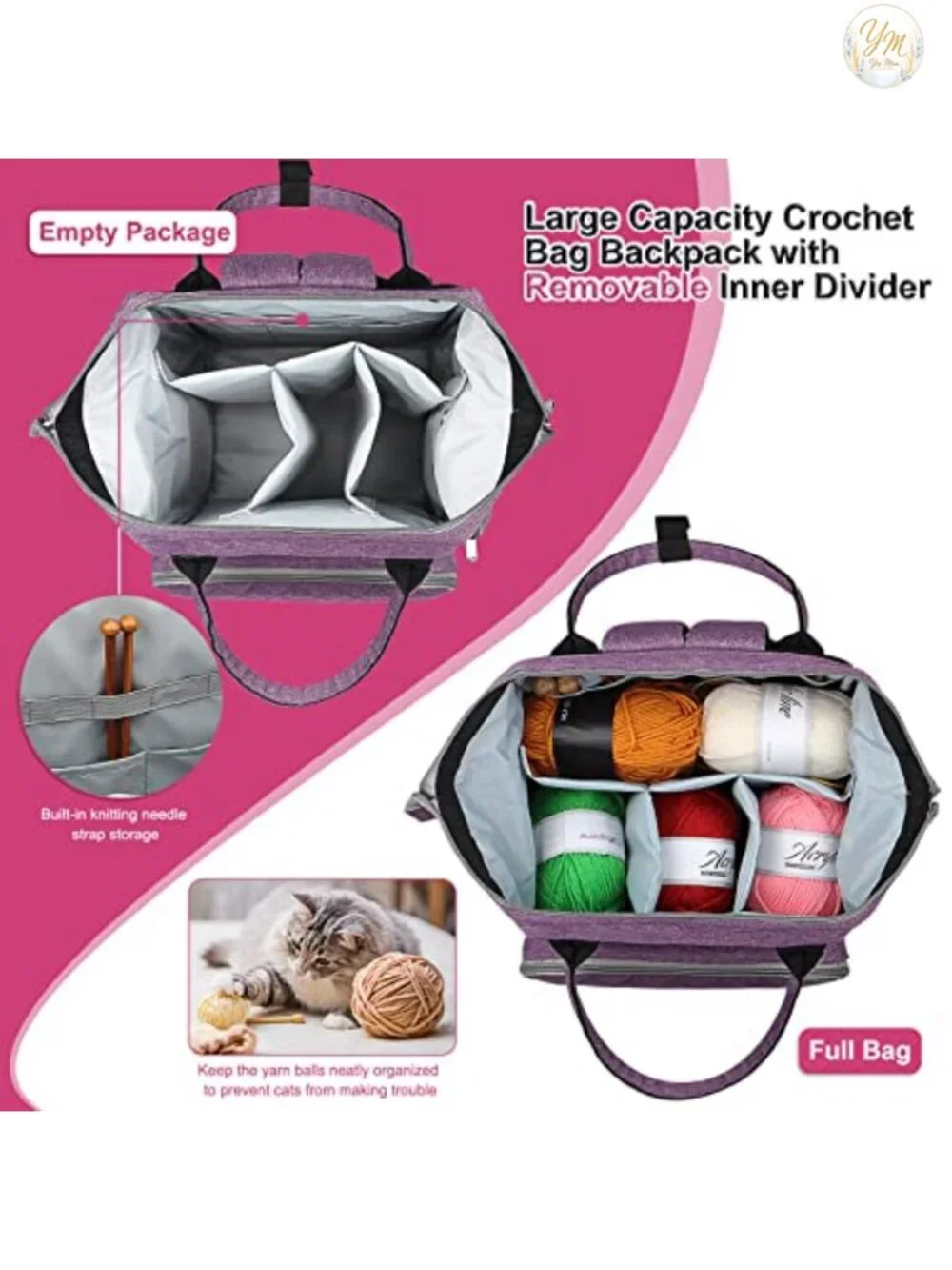 Large Yarn Storage Backpack for Knitting & Crochet, 600D Oxford Cloth, Travel